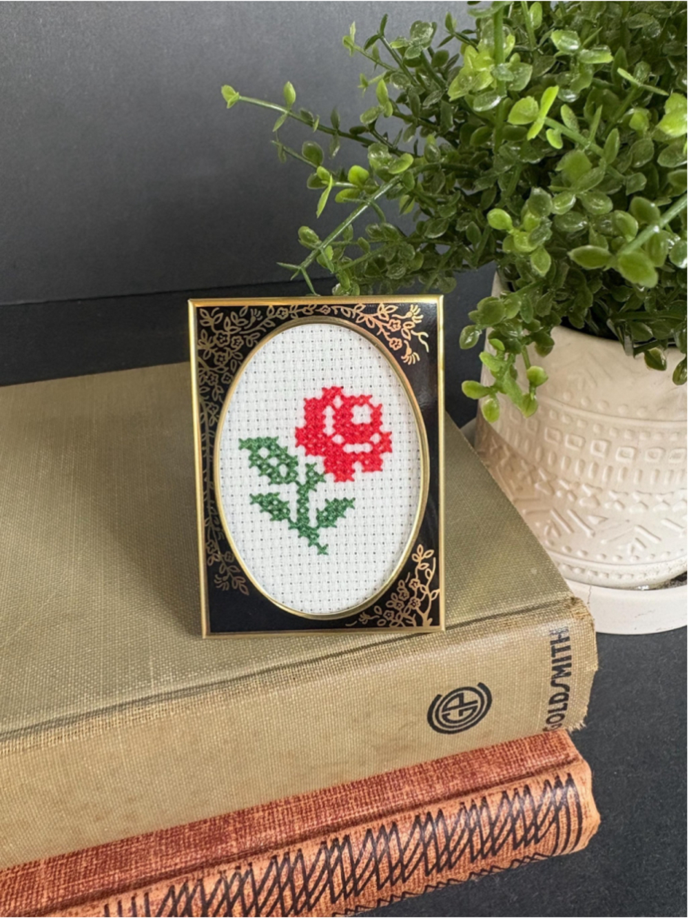 Tiny Mini Framed Cross Stitched Red Rose Trinket Shelf Vintage Style Decor